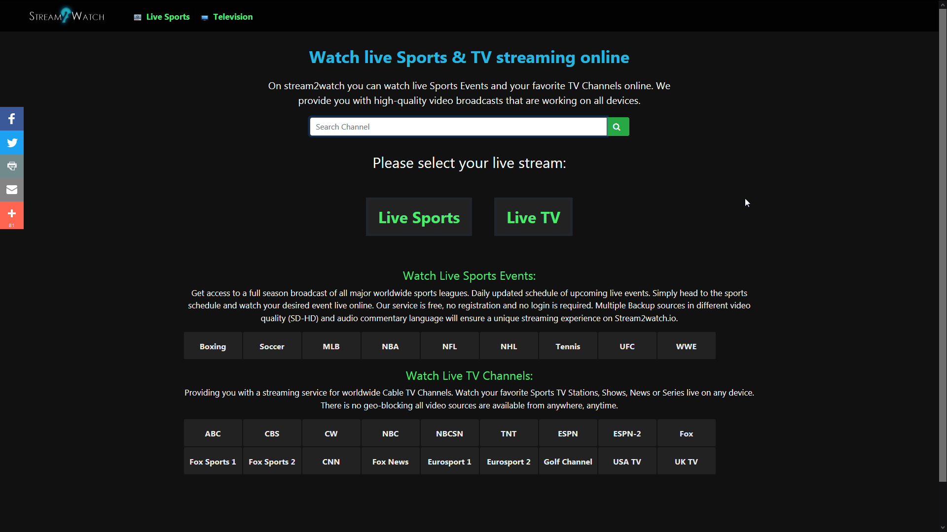 Stream2watch Sports Streams website